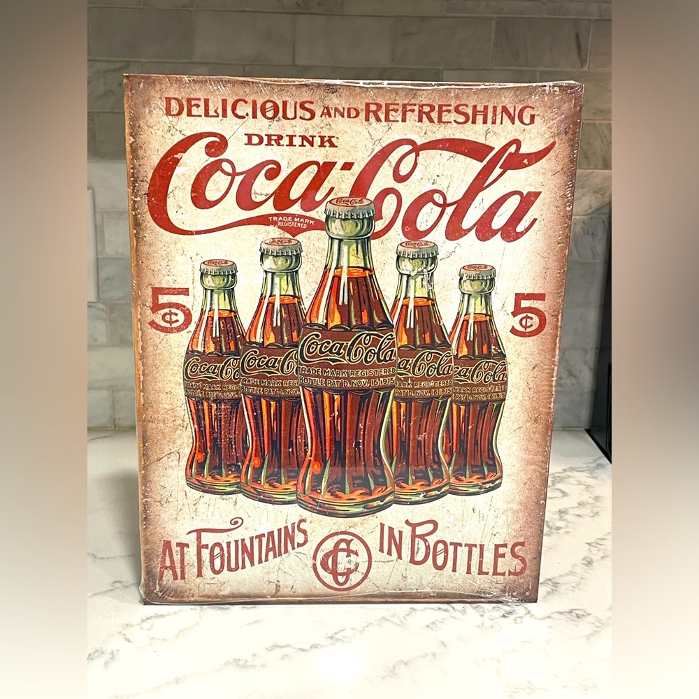 Coca-Cola  Tin Sign 16" x 12.5" Coca-Cola At Fountains In Bottles- BRAND‎ NEW